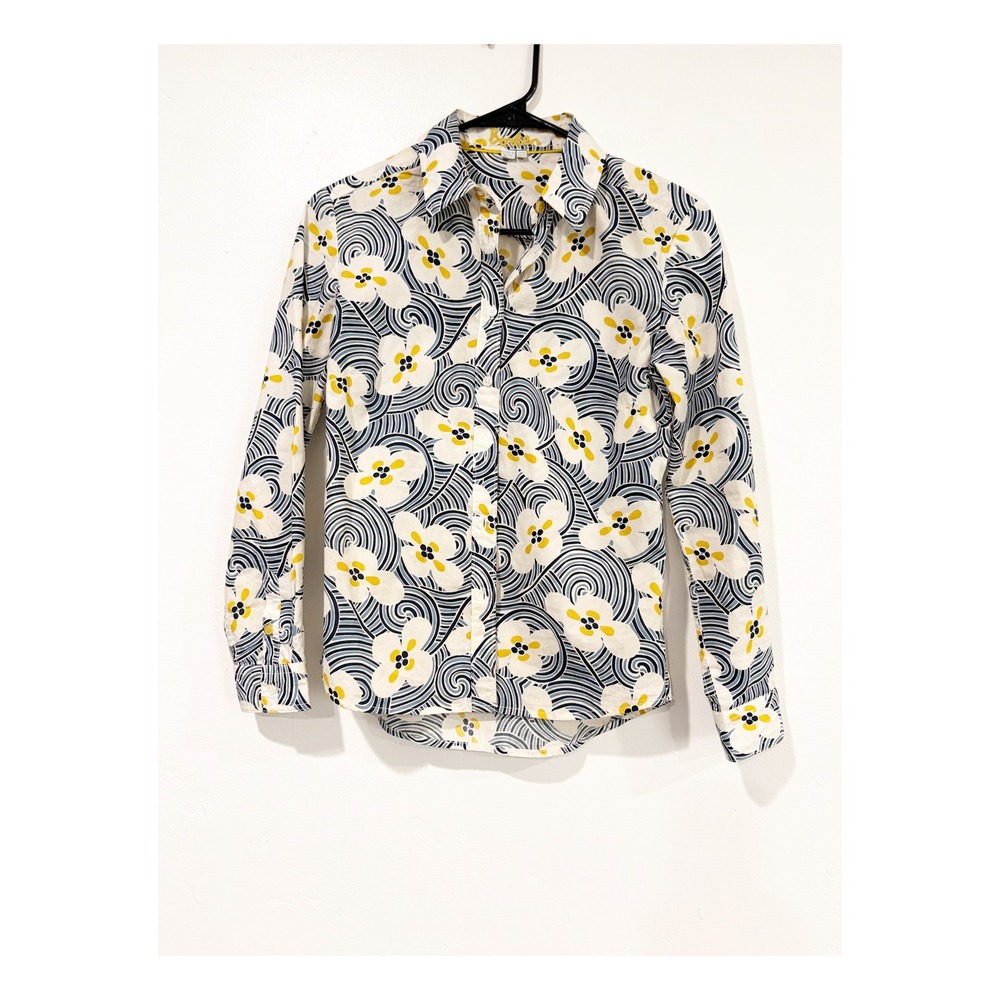 Boden Womens Floral Swirl Print Button Down Shirt Navy Yellow White US 2P Petite